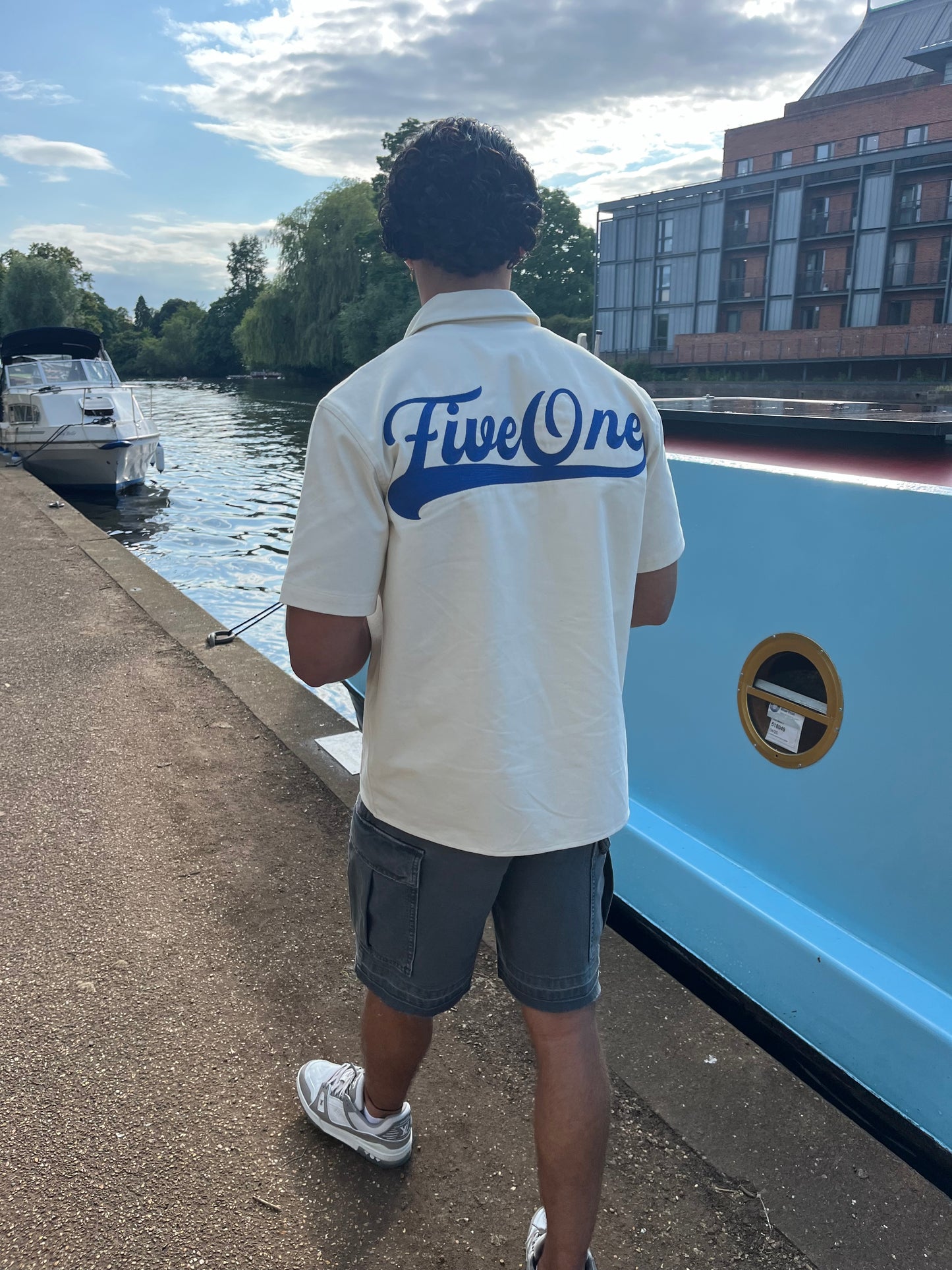 White Canvas Over-Shirt (Blue Embroidery)