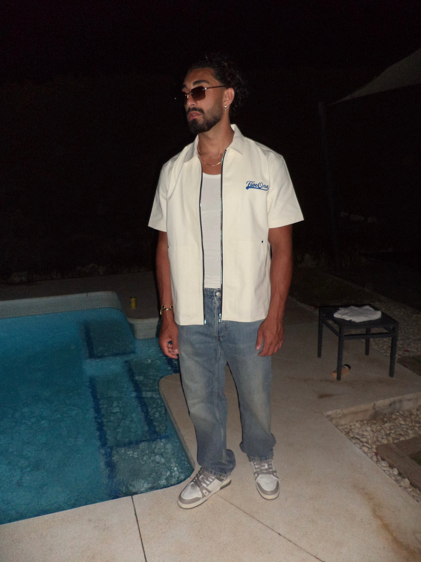 White Canvas Over-Shirt (Blue Embroidery)