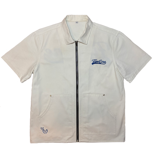 White Canvas Over-Shirt (Blue Embroidery)