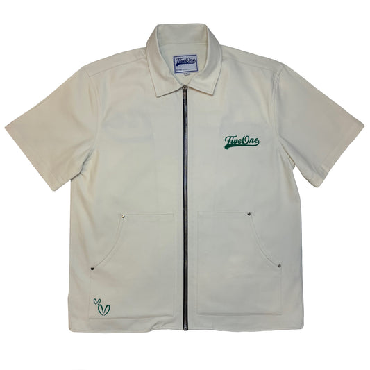 White Canvas Over-Shirt (Green Embroidery)